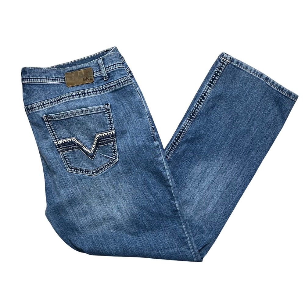 BKE Derek Jeans Mens 40x32 Blue Medium Wash Straight Leg Embroidered Pockets